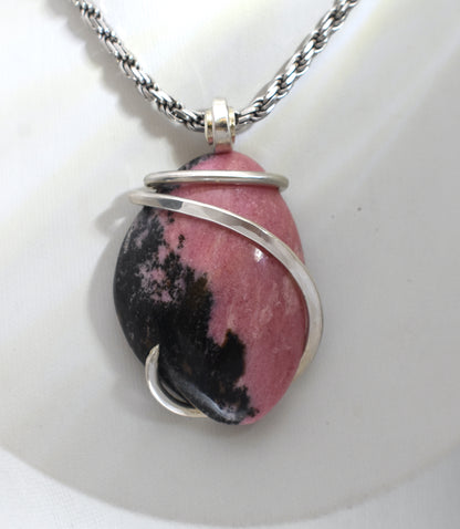 Rhodonite Handmade Stone Pendant Wrapped in Silver