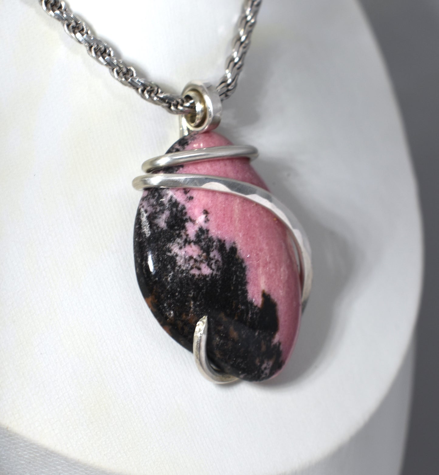 Rhodonite Handmade Stone Pendant Wrapped in Silver