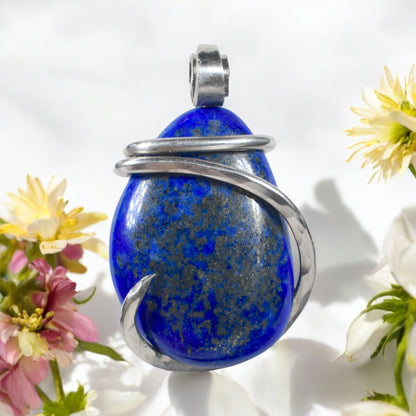 Lapis Lazuli and Pyrite Handmade Stone Pendant Wrapped in Silver