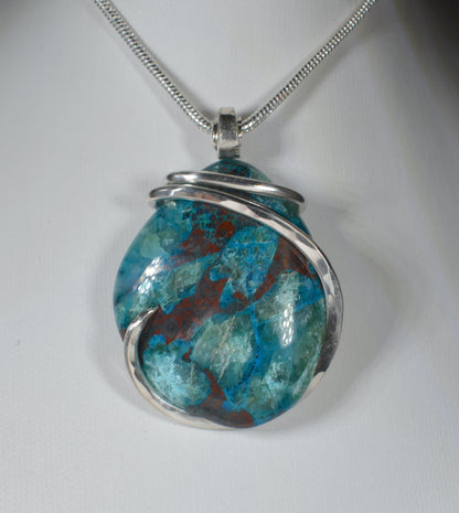 Chrysocolla Handmade Stone Pendant Wrapped in Silver