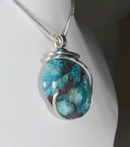 Chrysocolla Handmade Stone Pendant Wrapped in Silver