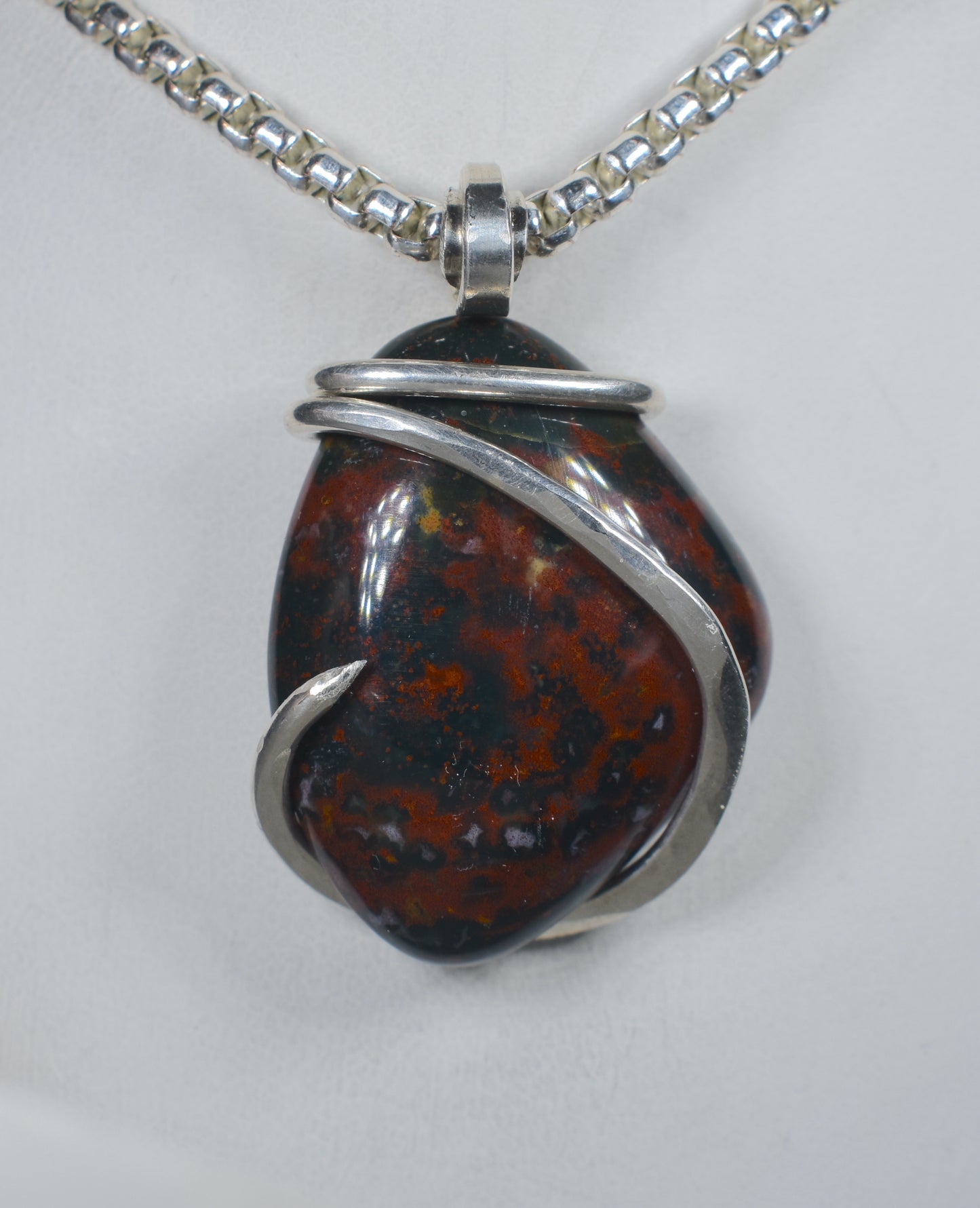 Bloodstone Handmade Stone Pendant Wrapped in Silver