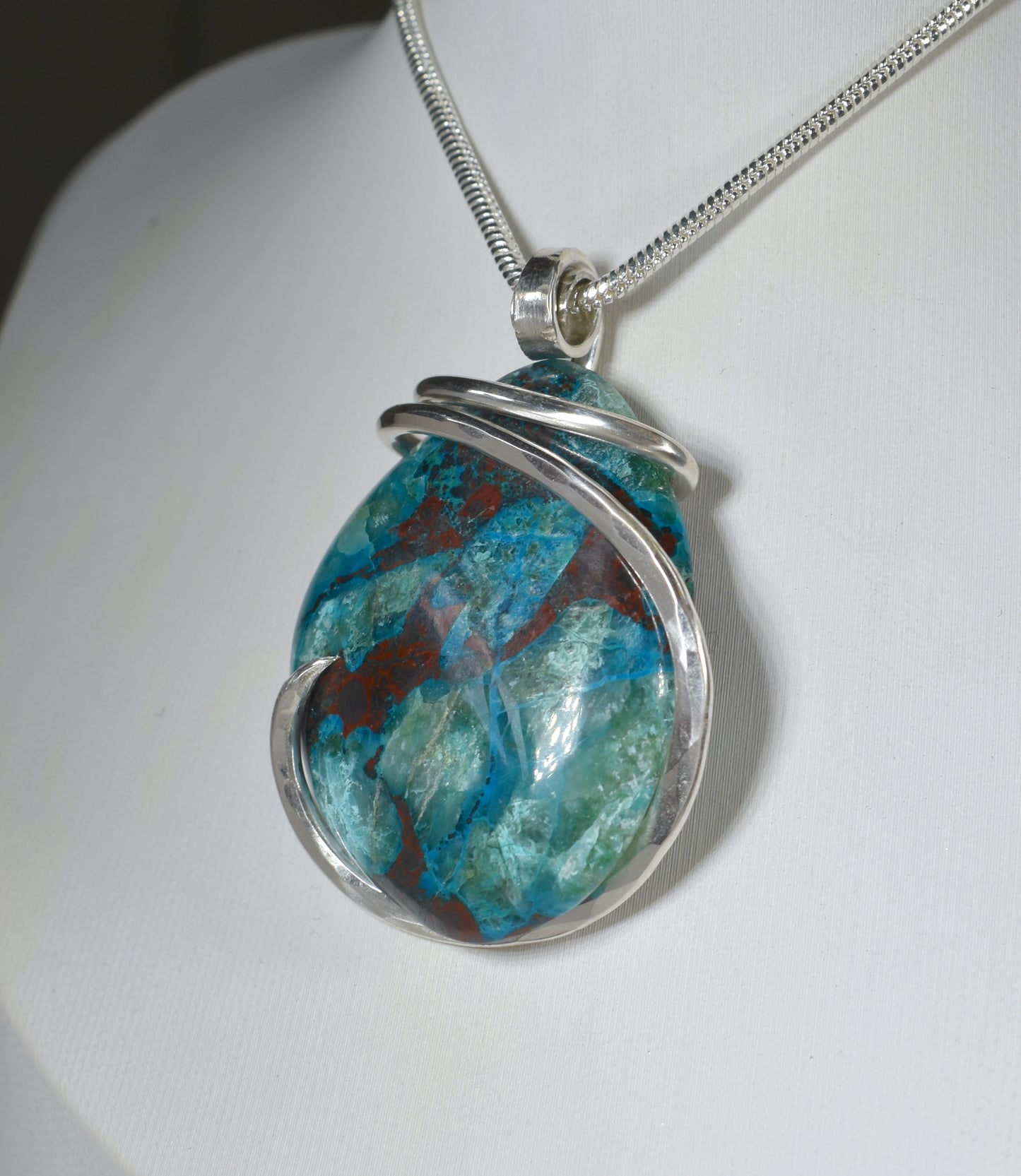 Chrysocolla Handmade Stone Pendant Wrapped in Silver