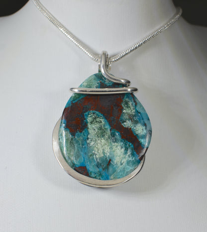 Chrysocolla Handmade Stone Pendant Wrapped in Silver