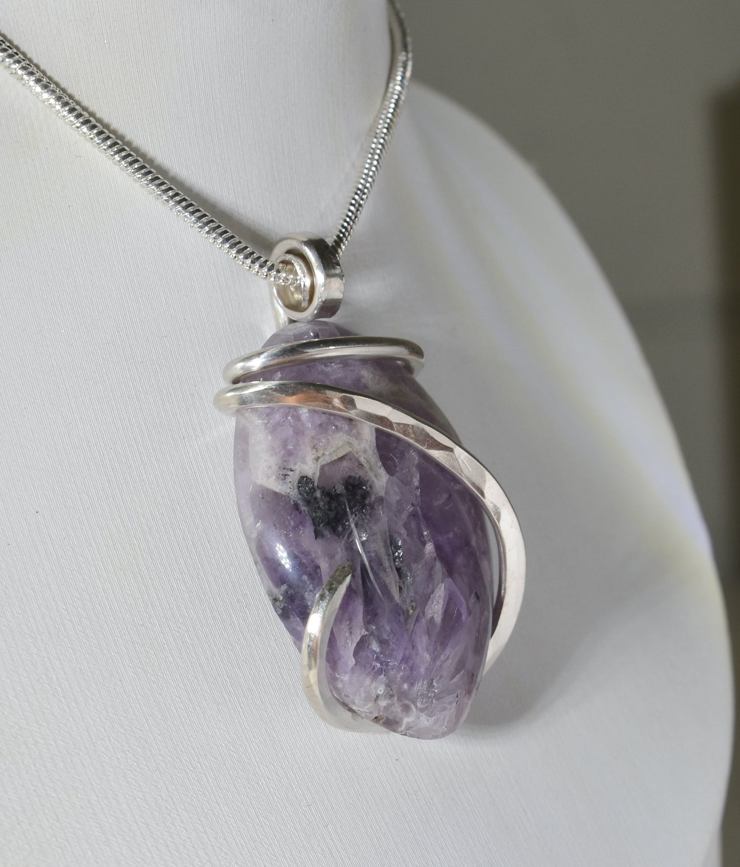 Chevron Amethyst Handmade Crystal Pendant Wrapped in Silver