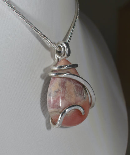 Rhodochrosite Handmade Crystal Pendant Wrapped in Silver