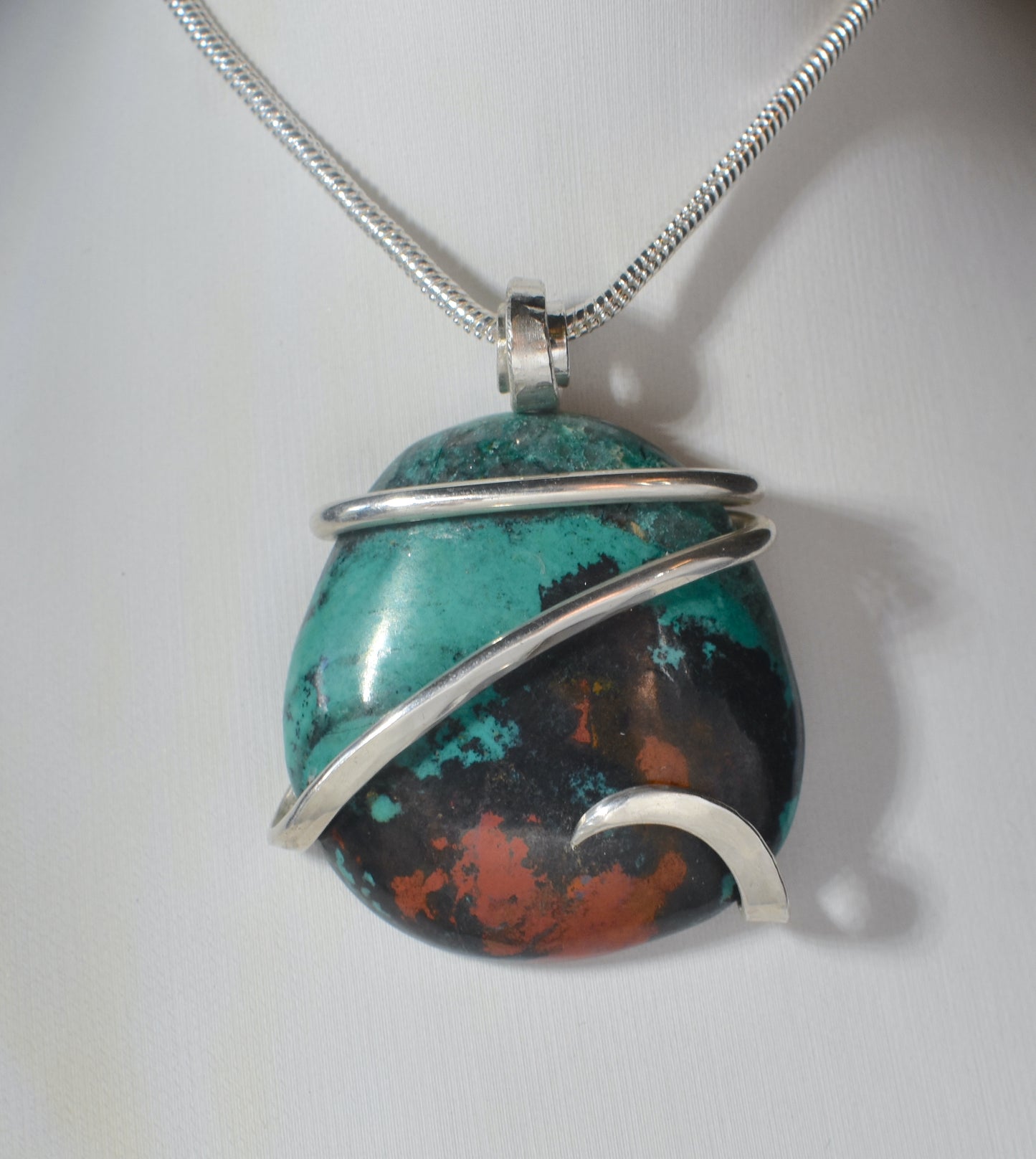 Sonora Sunset Chrysocolla Handmade Stone Pendant Wrapped in Silver