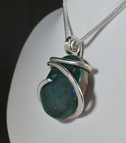 Azurite and Malachite Handmade Stone Pendant Wrapped in Silver