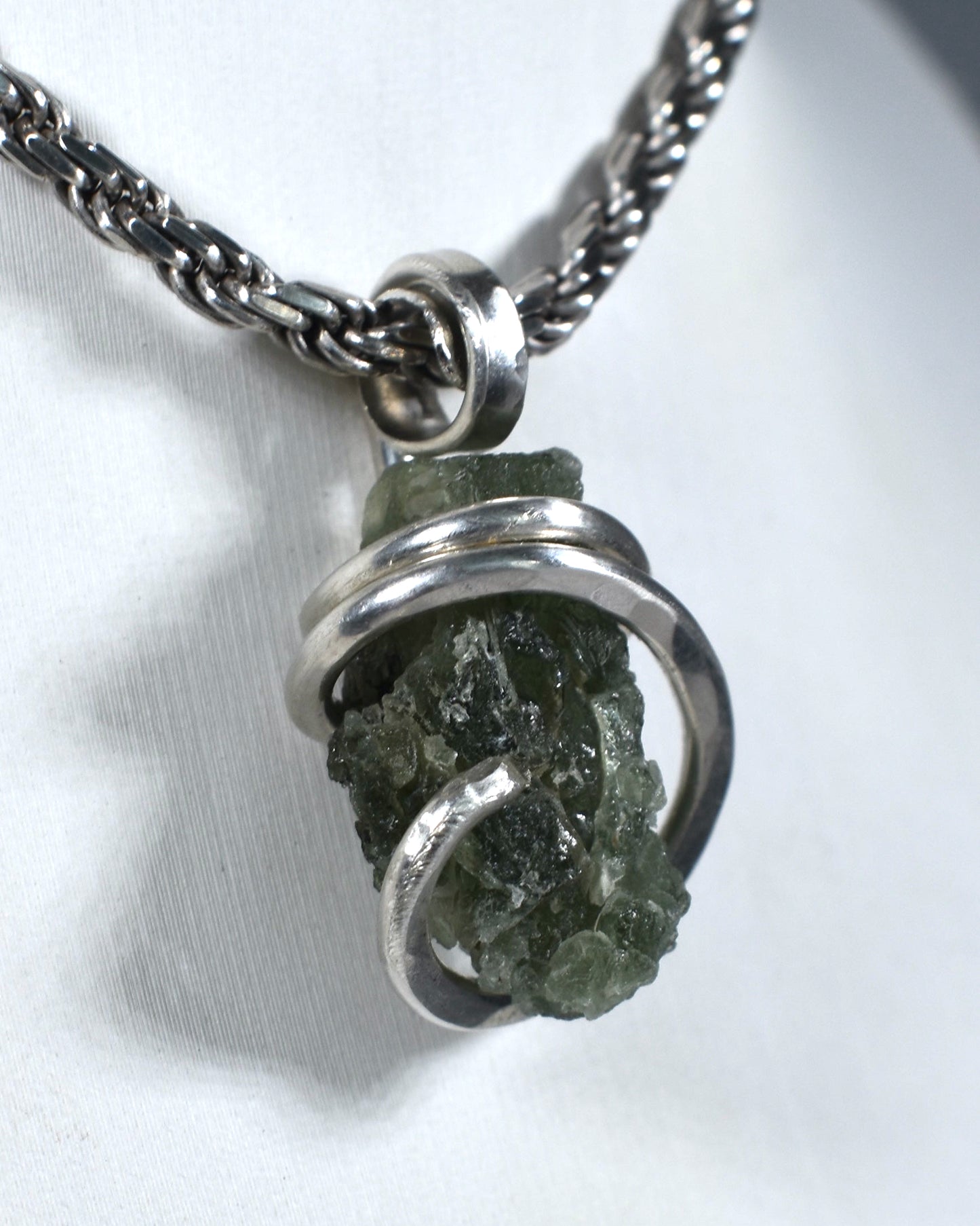 Moldavite Crystal or Tektite (Green Meteorite) Pendant Hand Wrapped in Sterling Silver