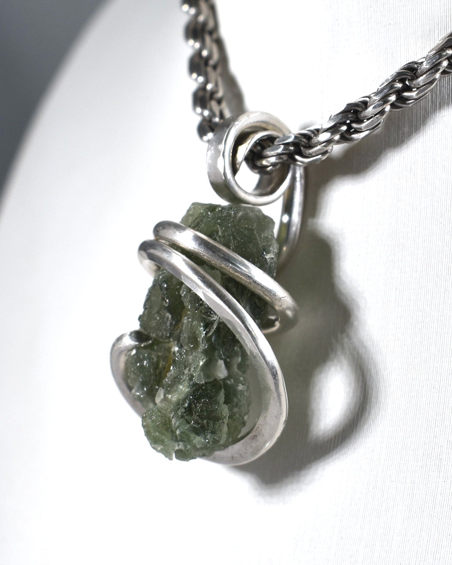 Moldavite Crystal or Tektite (Green Meteorite) Pendant Hand Wrapped in Sterling Silver