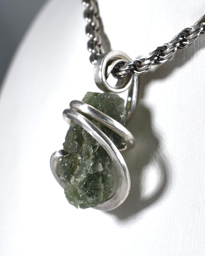 Moldavite Crystal or Tektite (Green Meteorite) Pendant Hand Wrapped in Sterling Silver