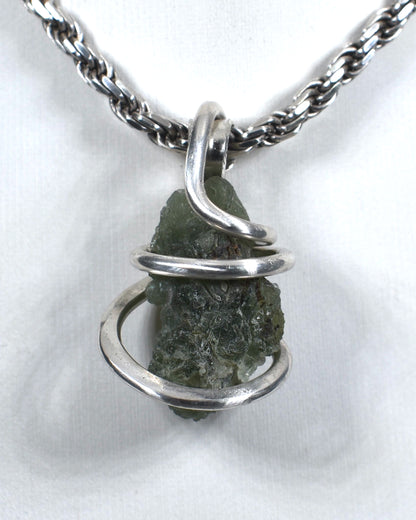 Moldavite Crystal or Tektite (Green Meteorite) Pendant Hand Wrapped in Sterling Silver