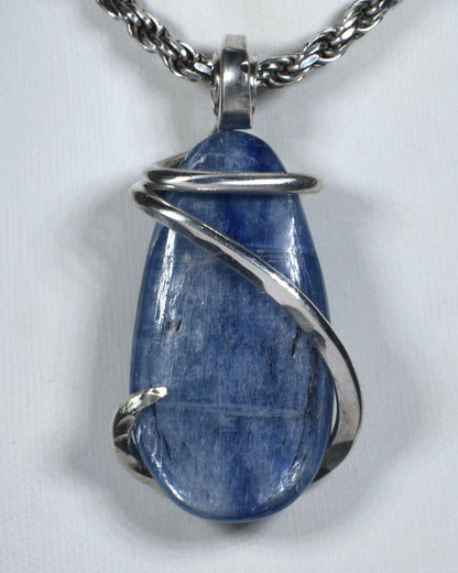 Blue Kyanite Handmade Crystal Pendant Wrapped in Silver