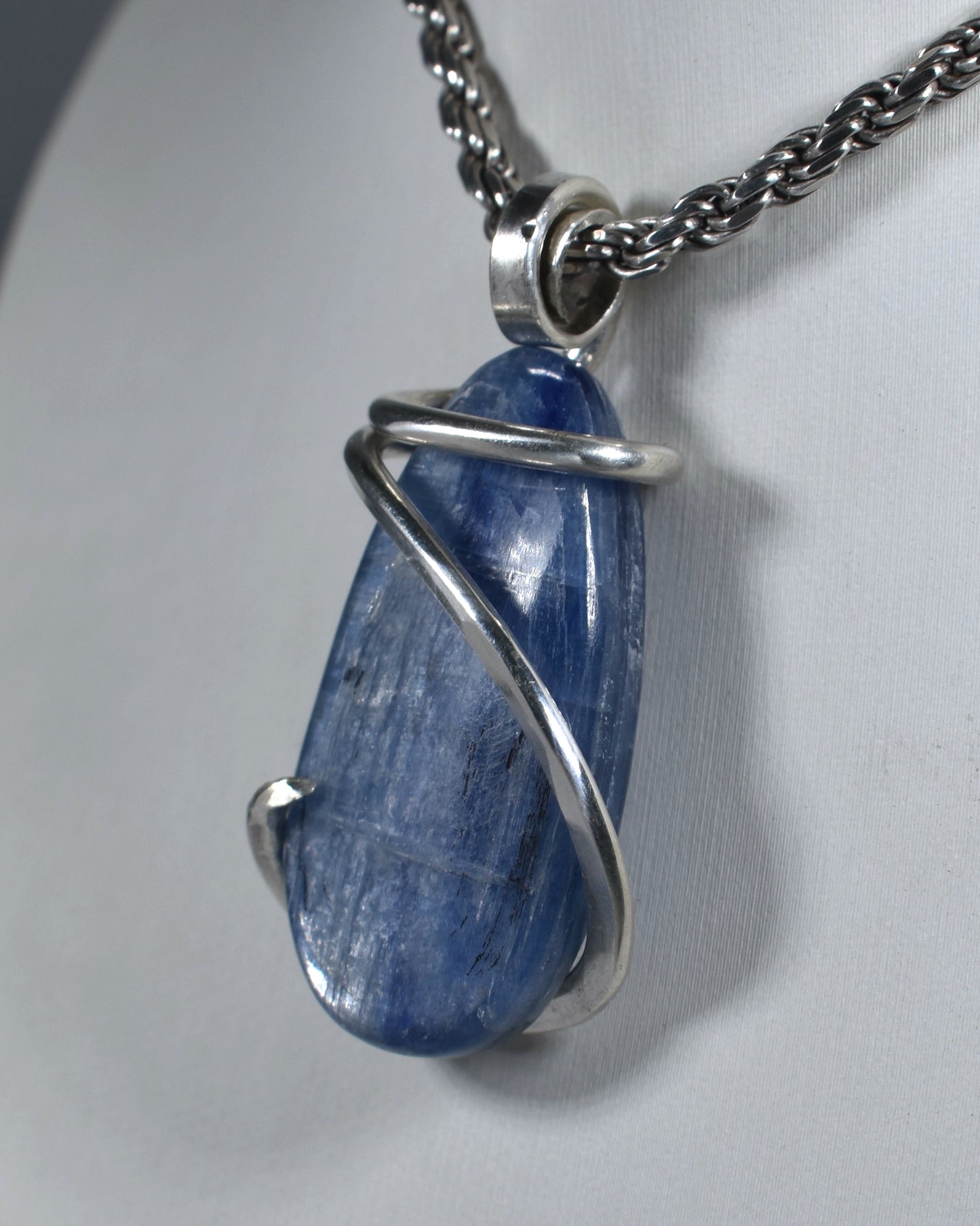 Blue Kyanite Handmade Crystal Pendant Wrapped in Silver