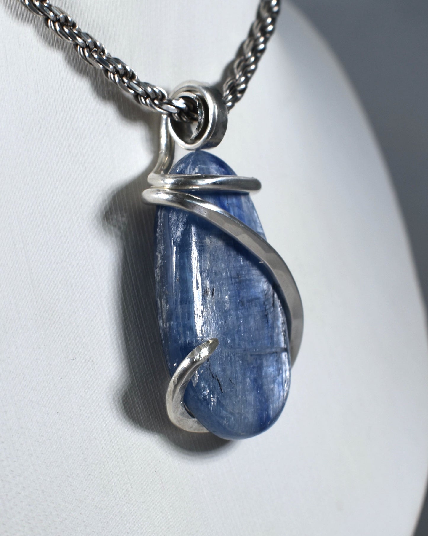 Blue Kyanite Handmade Crystal Pendant Wrapped in Silver
