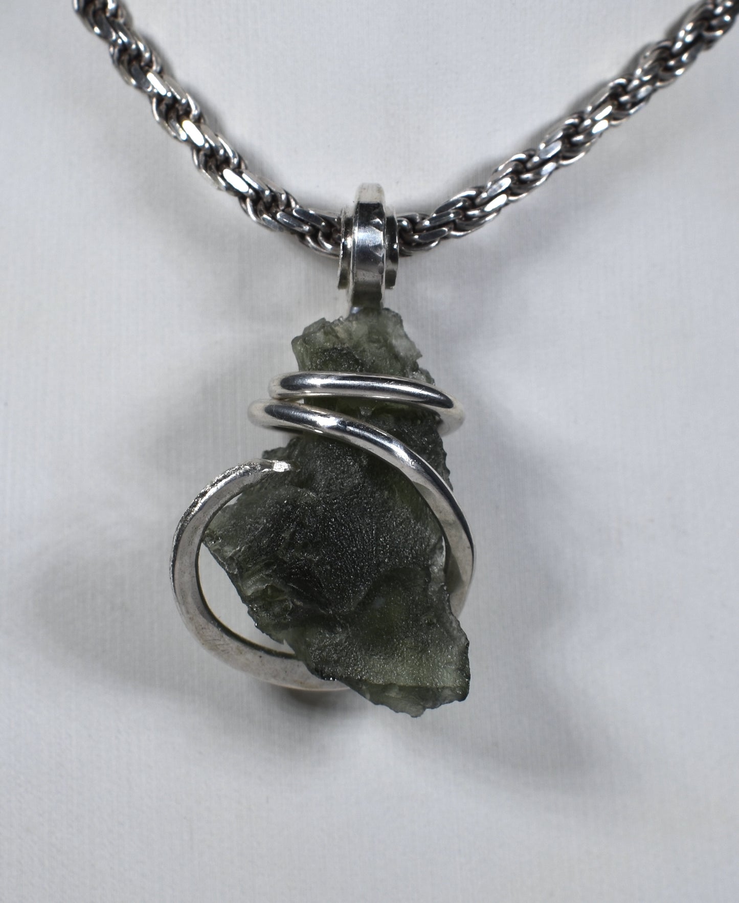 Moldavite Crystal or Tektite (Green Meteorite) Pendant Hand Wrapped in Sterling Silver