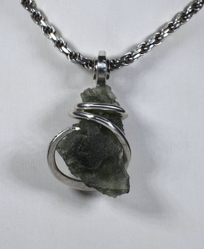 Moldavite Crystal or Tektite (Green Meteorite) Pendant Hand Wrapped in Sterling Silver
