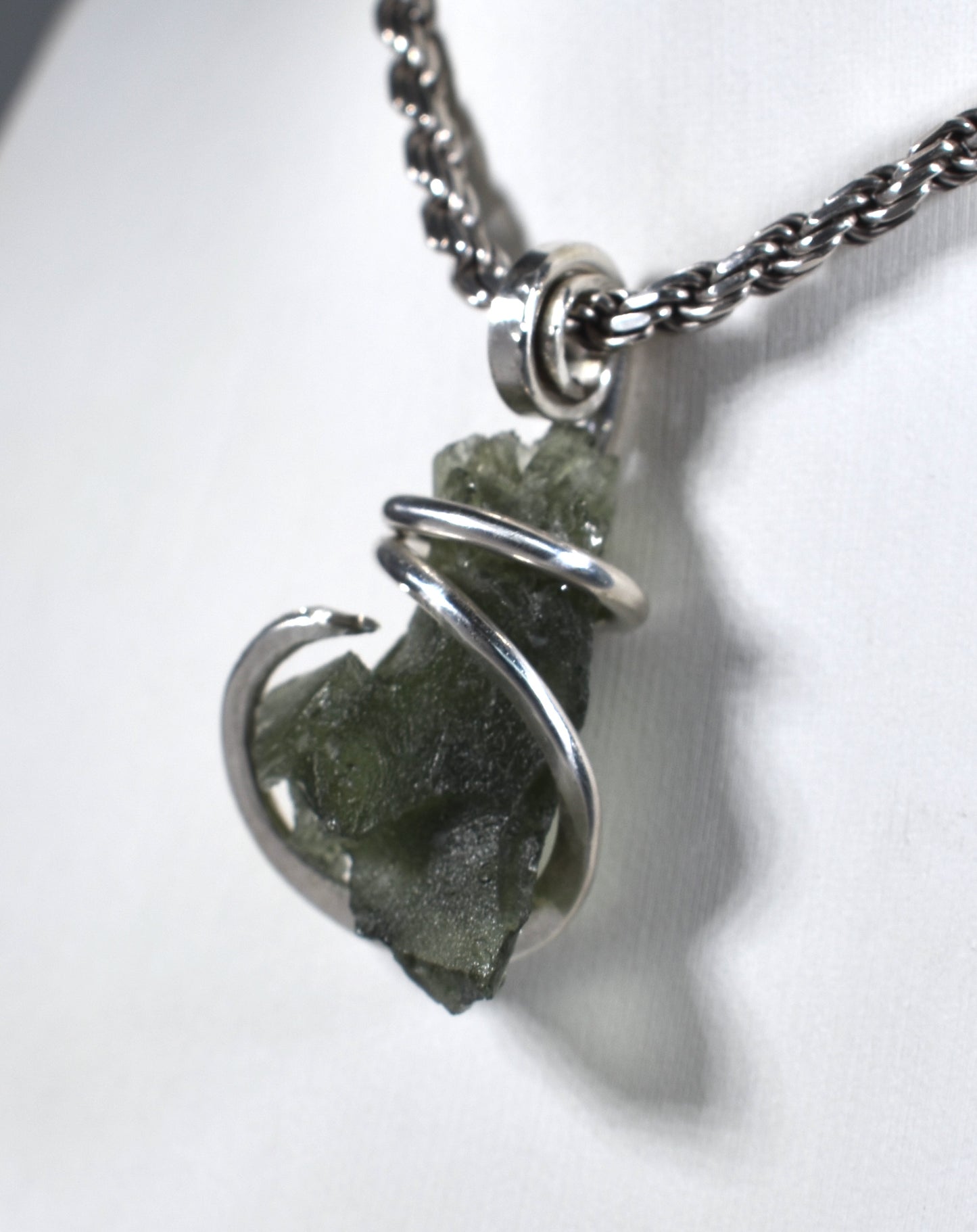 Moldavite Crystal or Tektite (Green Meteorite) Pendant Hand Wrapped in Sterling Silver