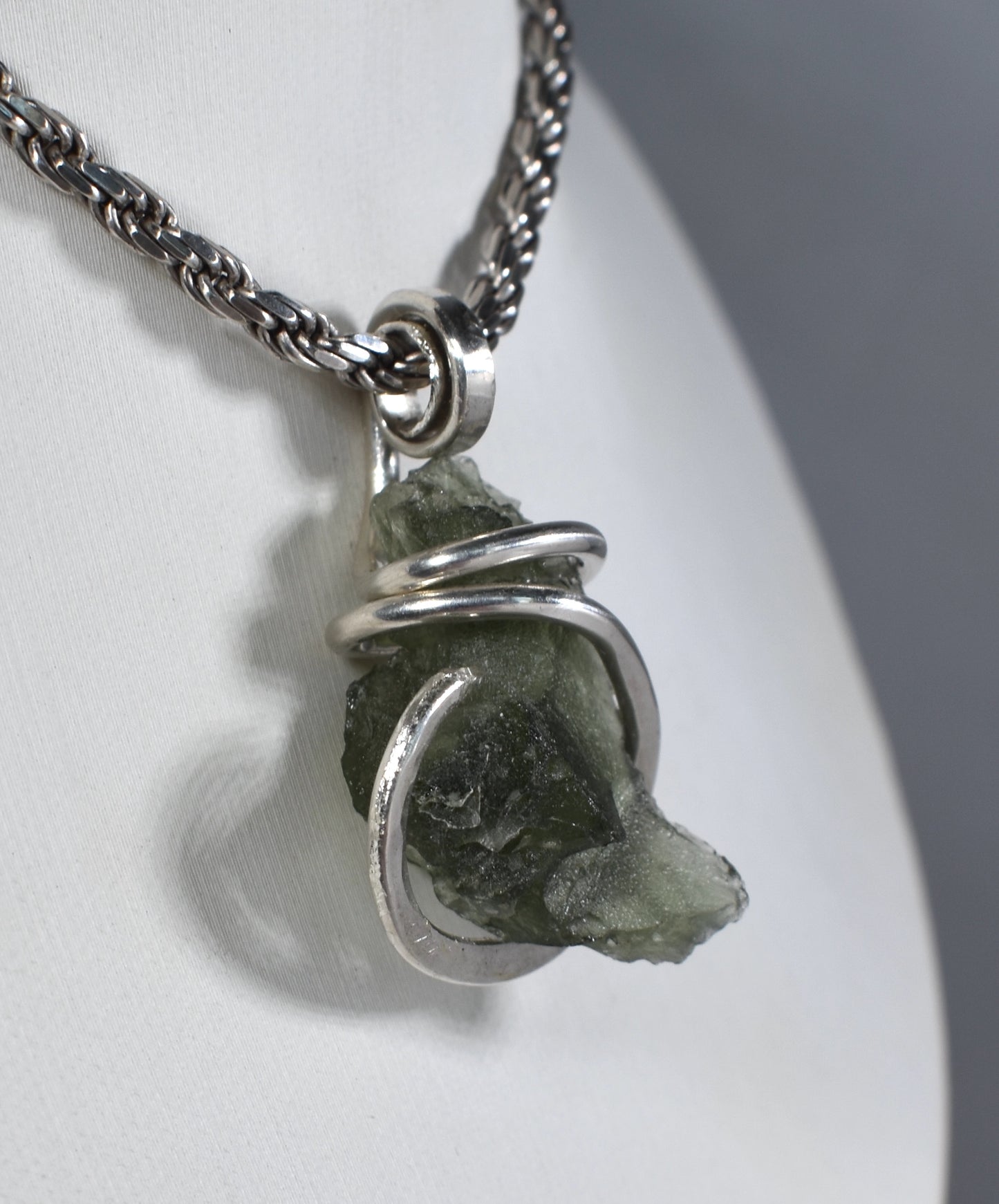 Moldavite Crystal or Tektite (Green Meteorite) Pendant Hand Wrapped in Sterling Silver