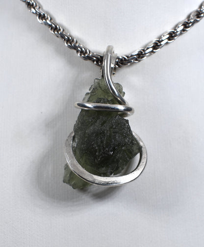 Moldavite Crystal or Tektite (Green Meteorite) Pendant Hand Wrapped in Sterling Silver