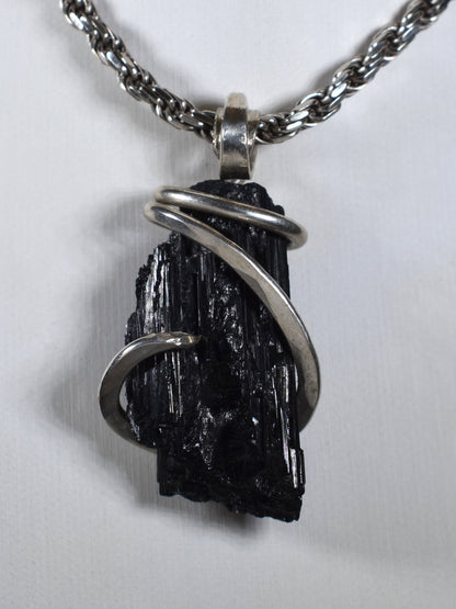 Black Tourmaline Handmade Stone Pendant Wrapped in Silver