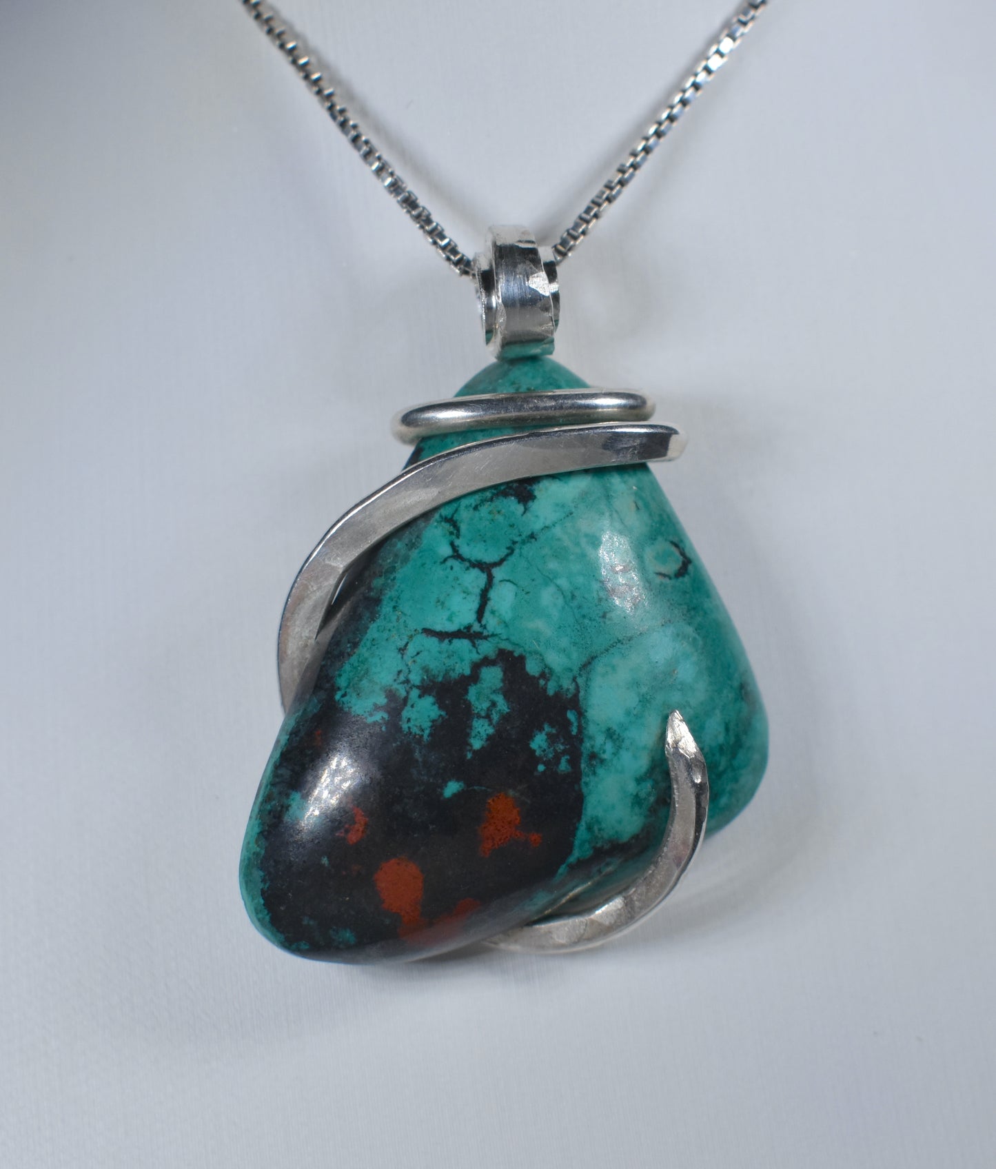 Sonora Sunset Chrysocolla Handmade Stone Pendant Wrapped in Silver