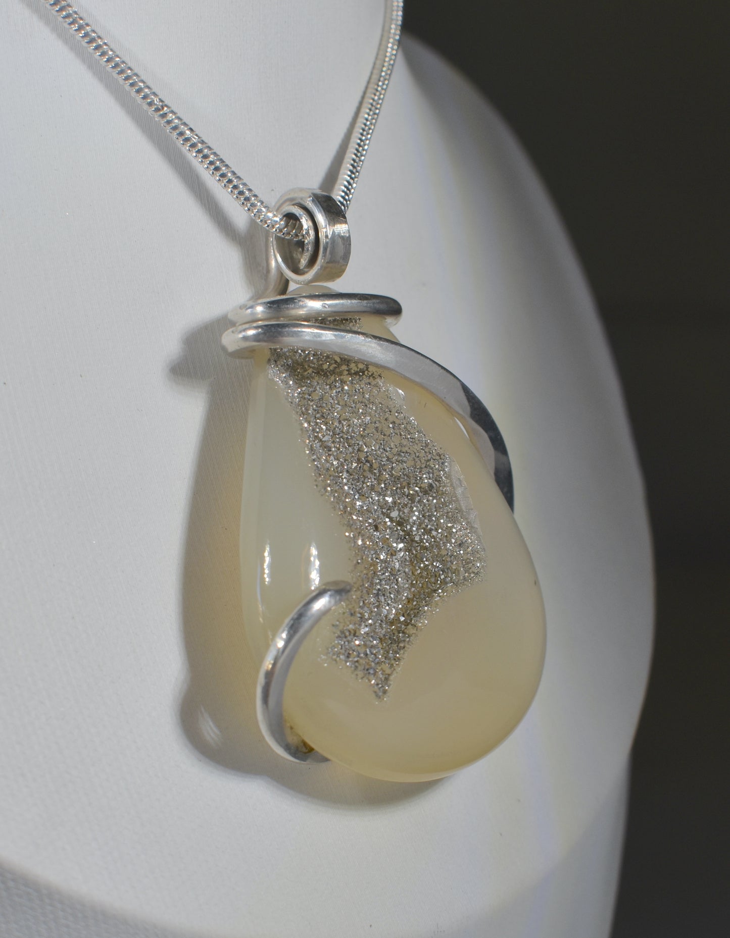 Agatized Drusy Handmade Crystal Pendant Wrapped in Silver