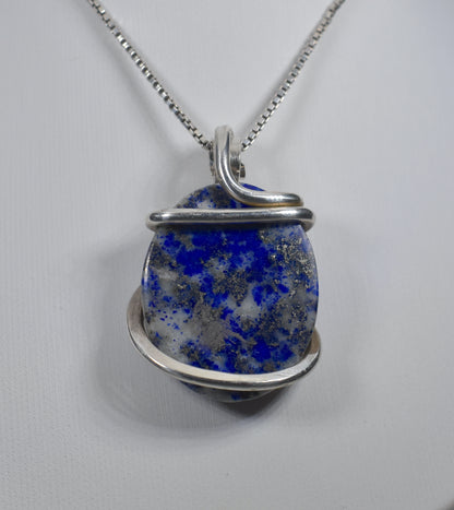 Lapis Lazuli and Pyrite Handmade Stone Pendant Wrapped in Silver