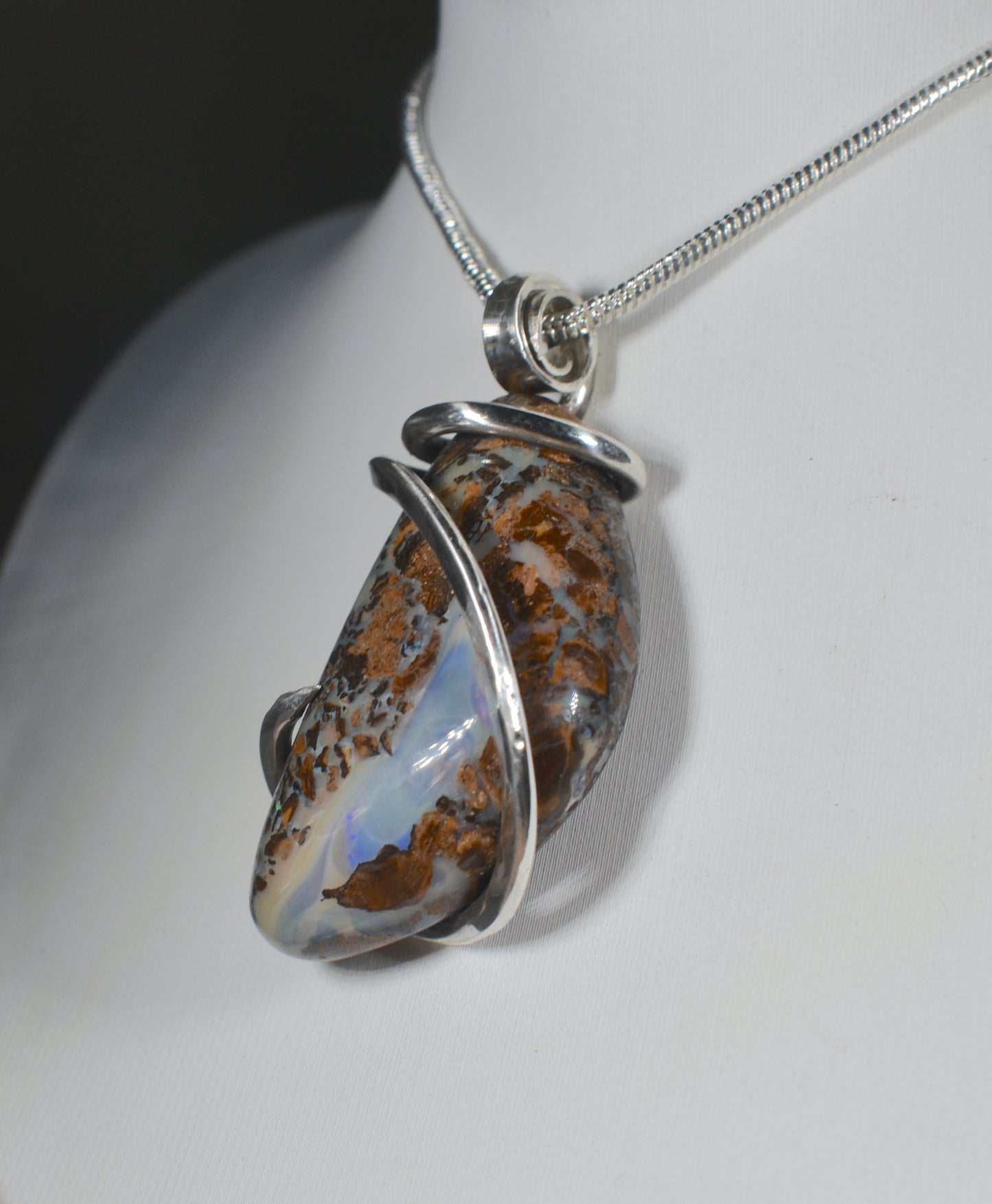 Australian Opal Handmade Stone Pendant Wrapped in Silver