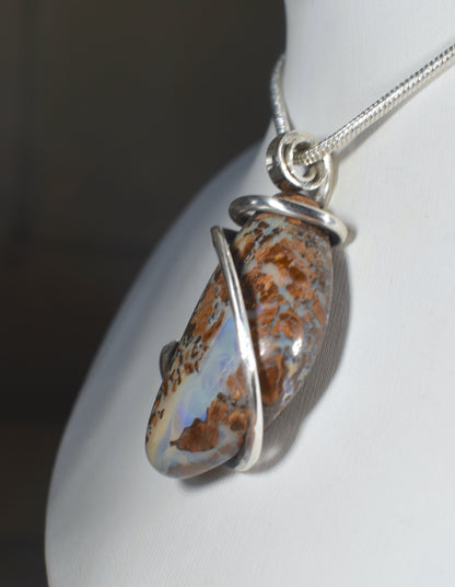 Australian Opal Handmade Stone Pendant Wrapped in Silver