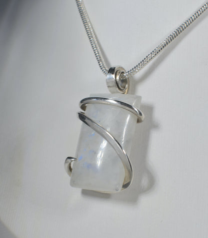 Rainbow Moonstone Handmade Crystal Pendant Wrapped in Silver