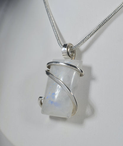 Rainbow Moonstone Handmade Crystal Pendant Wrapped in Silver