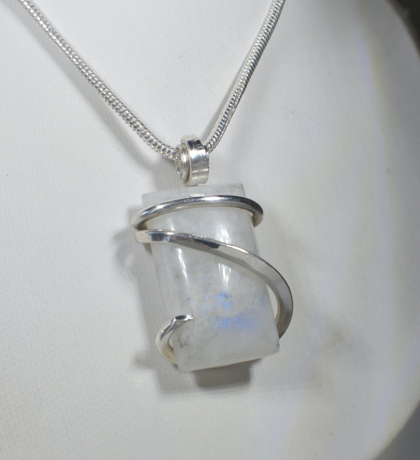 Rainbow Moonstone Handmade Crystal Pendant Wrapped in Silver