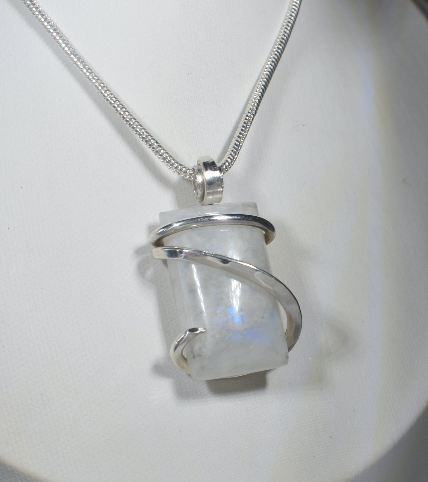 Rainbow Moonstone Handmade Crystal Pendant Wrapped in Silver