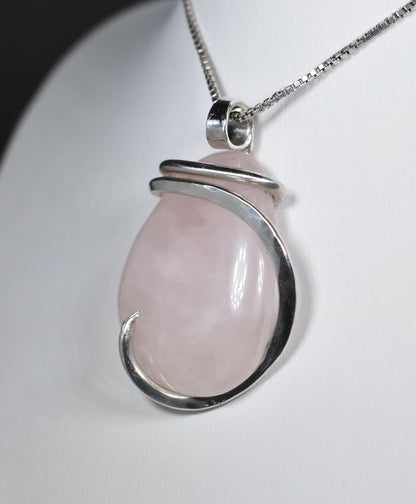 Star Rose Quartz Handmade Stone Pendant Wrapped in Silver