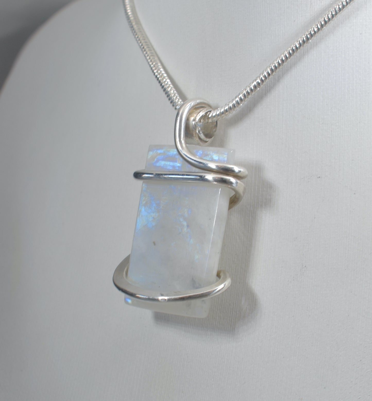 Rainbow Moonstone Handmade Crystal Pendant Wrapped in Silver