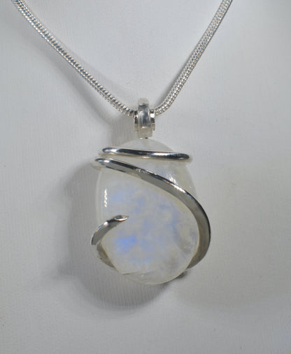 Rainbow Moonstone Handmade Crystal Pendant Wrapped in Silver