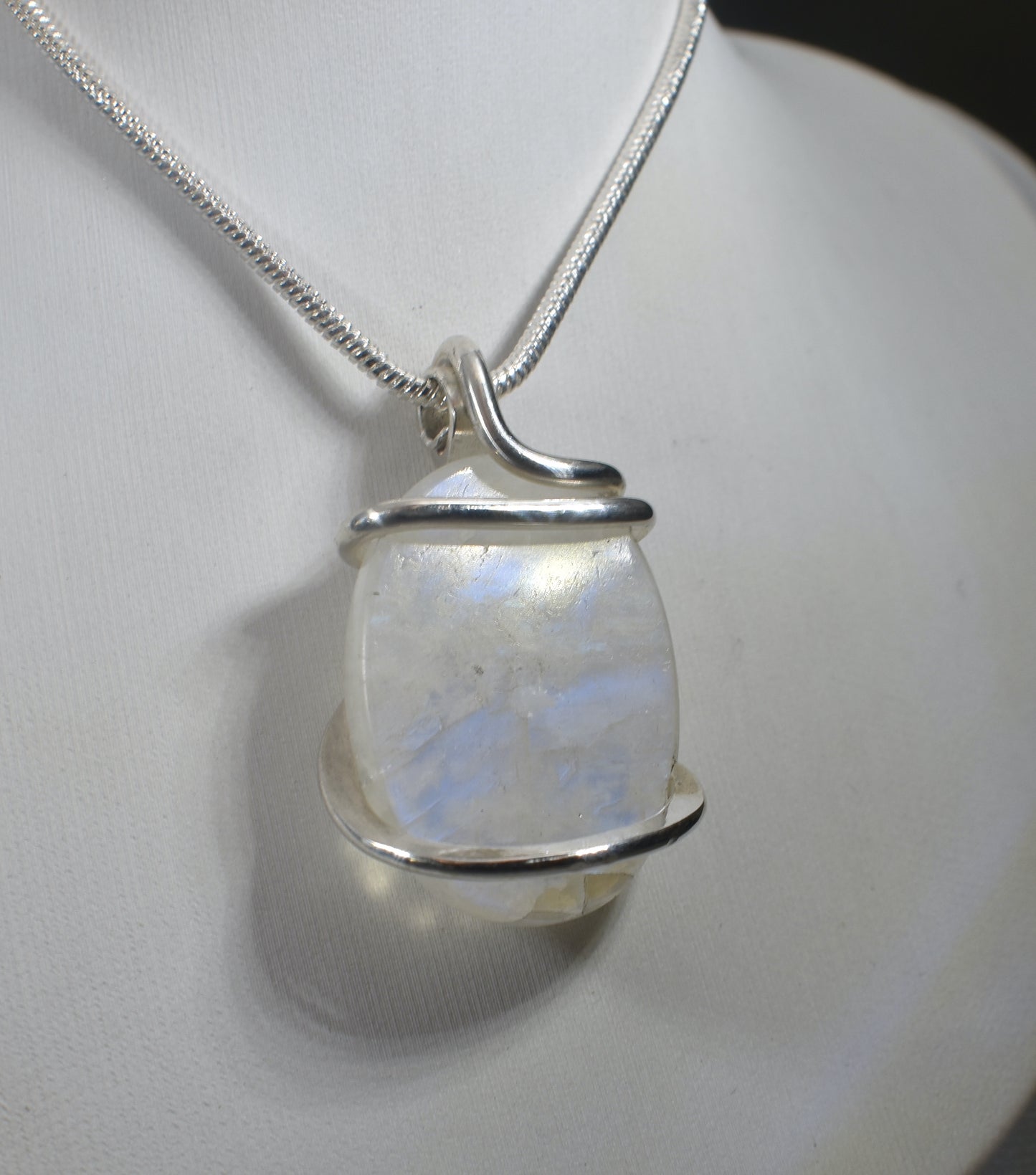 Rainbow Moonstone Handmade Crystal Pendant Wrapped in Silver