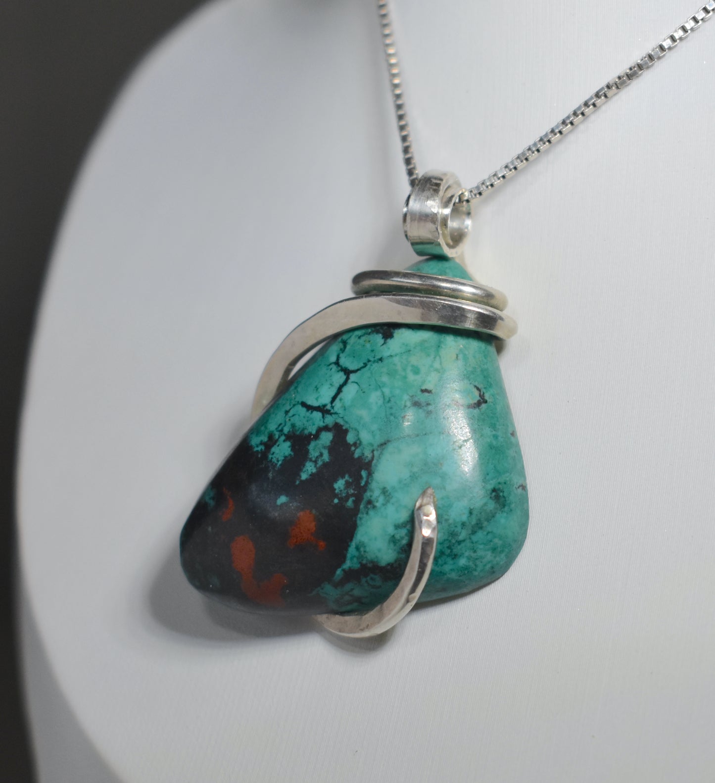 Sonora Sunset Chrysocolla Handmade Stone Pendant Wrapped in Silver