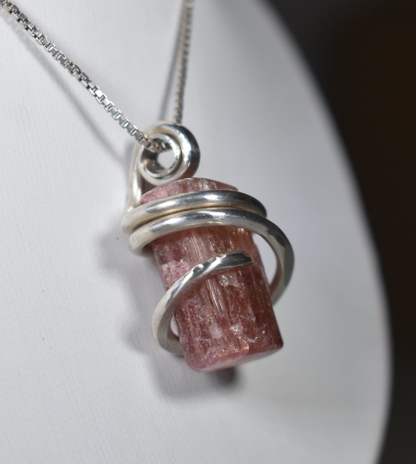 Pink Tourmaline Handmade Crystal Pendant Wrapped in Silver