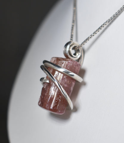 Pink Tourmaline Handmade Crystal Pendant Wrapped in Silver