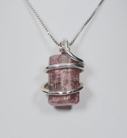 Pink Tourmaline Handmade Crystal Pendant Wrapped in Silver