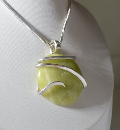 Serpentine Handmade Stone Pendant Wrapped in Silver