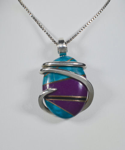 Chrysocolla, Sugilite and Black Onyx with Gold Inlays Handmade Pendant Wrapped in Silver (Antique Bead)