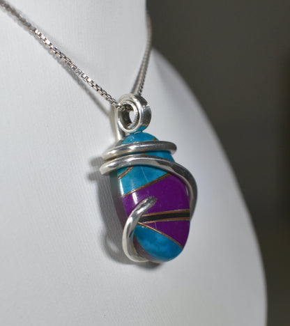 Chrysocolla, Sugilite and Black Onyx with Gold Inlays Handmade Pendant Wrapped in Silver (Antique Bead)