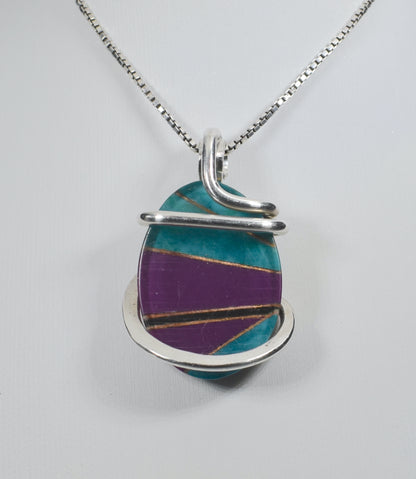 Chrysocolla, Sugilite and Black Onyx with Gold Inlays Handmade Pendant Wrapped in Silver (Antique Bead)