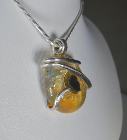 Fire Opal Handmade Stone Pendant Wrapped in Silver