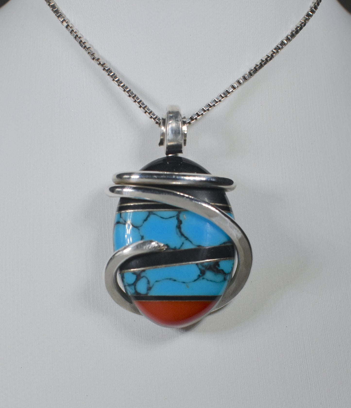 Turquoise, Red Coral and Black Onyx with Silver Inlays Handmade Pendant Wrapped in Silver (Antique Bead)