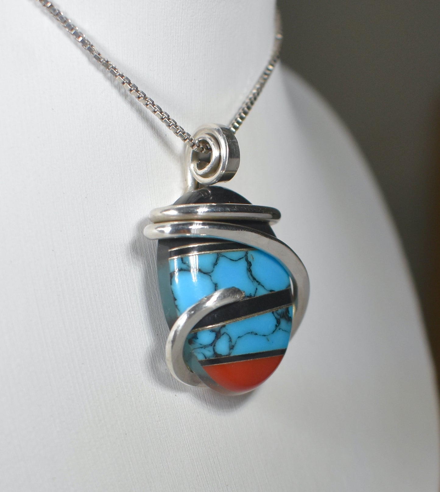 Turquoise, Red Coral and Black Onyx with Silver Inlays Handmade Pendant Wrapped in Silver (Antique Bead)