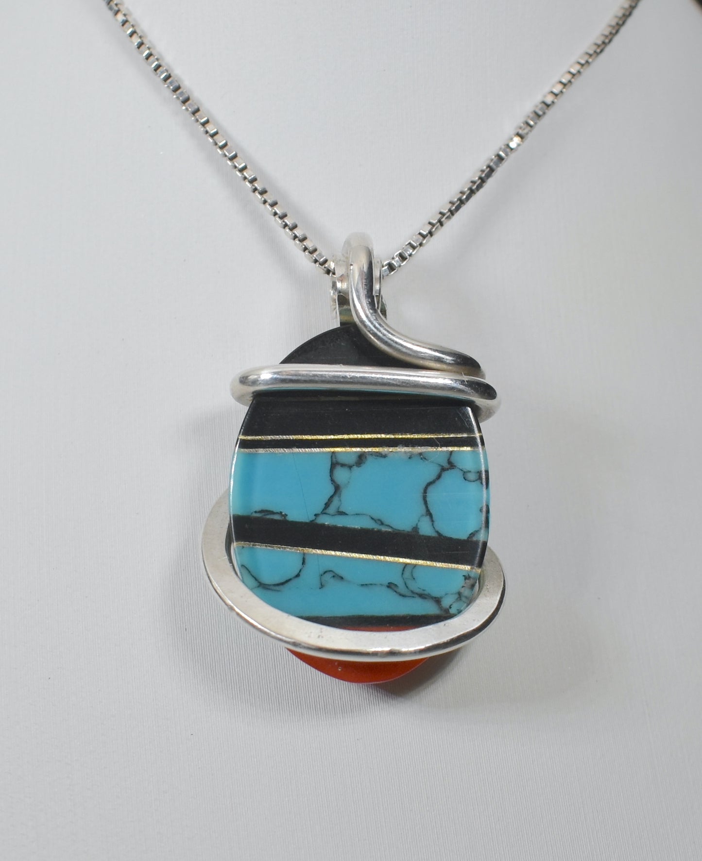 Turquoise, Red Coral and Black Onyx with Silver Inlays Handmade Pendant Wrapped in Silver (Antique Bead)